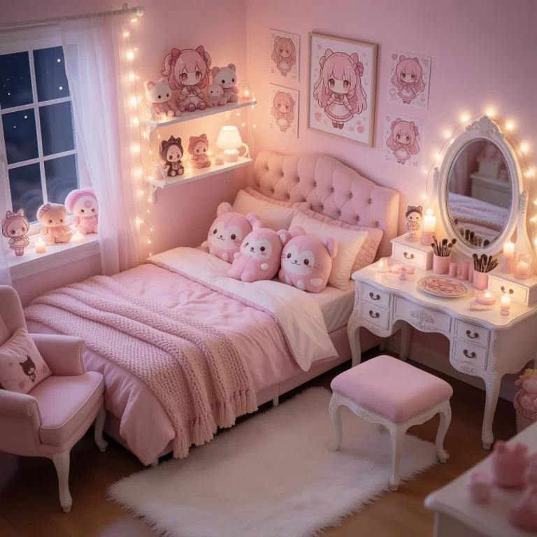 Heres A 50-word Caption Whimsical Pink Kawaii Bedroom Glows...