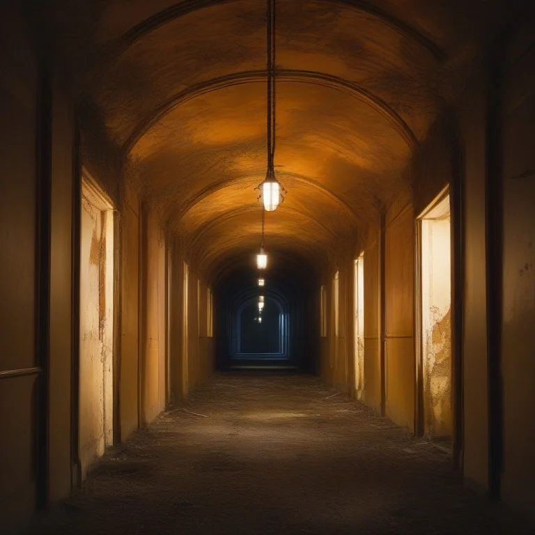 A Derelict Asylum Corridor Lit By One Flickering Bulb, Art N...