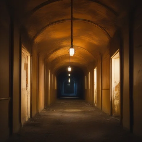 A Derelict Asylum Corridor Lit By One Flickering Bulb, Art N... — SDXL AI Prompt: a derelict asylum corridor lit by one flickering bulb, art nouveau, bioluminesce...