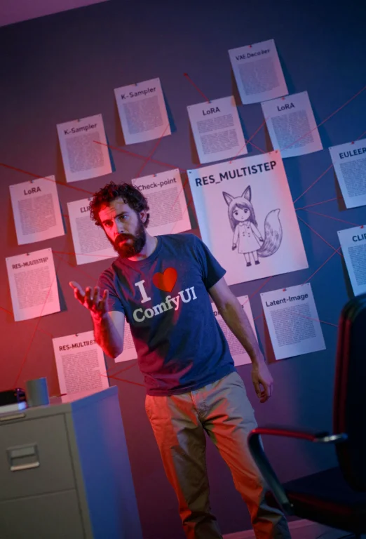 A Man Wearing A I  Comfyui T-shirt And Khaki Pants Stands In...