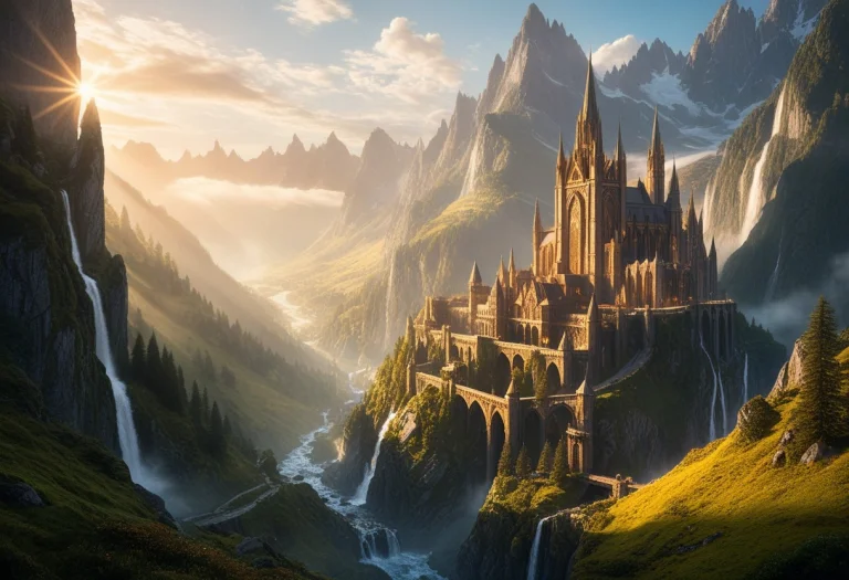 A Majestic Fantasy Metropolis Nestled Among Towering, Jagged...
