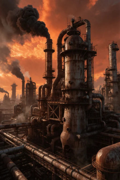 A Dramatic Wide Shot Of A Massive Abandoned Industrial Refin...