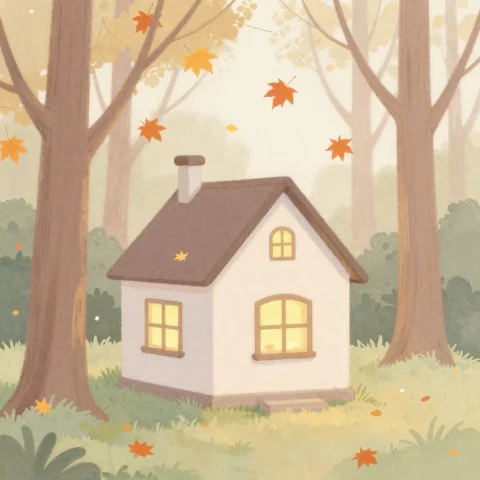 A Small Cottage In Forest, Warm Glowing Window Lights, Falli... — Stable Diffusion AI Prompt: A small cottage in forest, warm glowing window lights, falling maple leaves, sof...