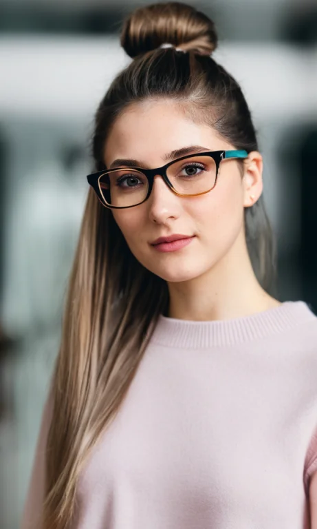 Close Up, Of Of British Woman, Pale, Messy Bun, Wearing Glas...