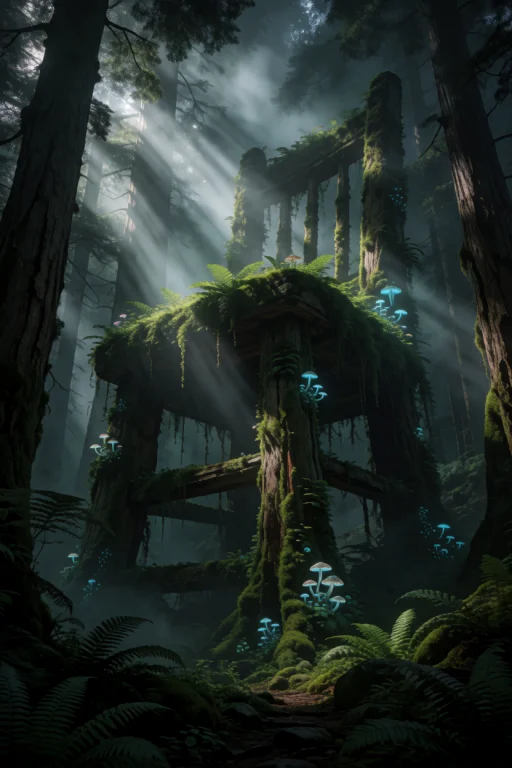 A Colossal Ancient Wooden Chair Overgrown With Giant Moss An...