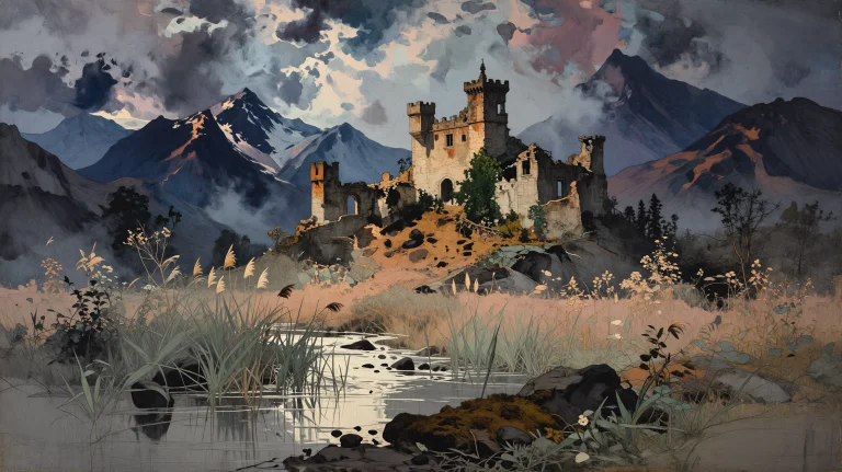 Painting Of A Scenic Fantasy Landscape With Castle Ruins On...