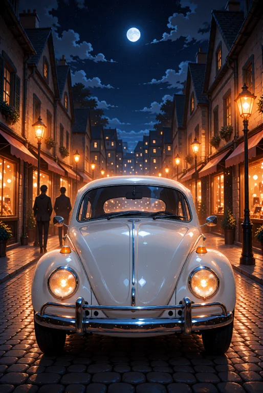 A Classic White Volkswagen Beetle Parked In The Center Of A...