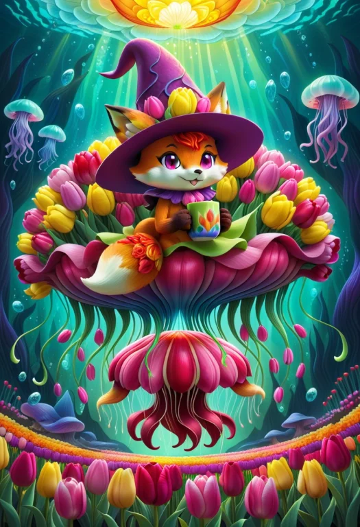 Jaynl-tm, Cute Fox Made Of Tulips, Whimsical, Cartoon, Vibra...
