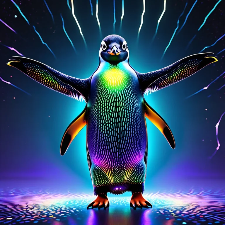 A Penguin Wearing A Glowing Disco Suit Dancing, Soft Biolumi...