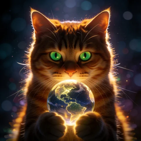 A Close-up, Dramatic Cinematic Shot Of A Majestic Orange Tab... — Stable Diffusion AI Prompt: A close-up, dramatic cinematic shot of a majestic orange tabby cat holding a glo...