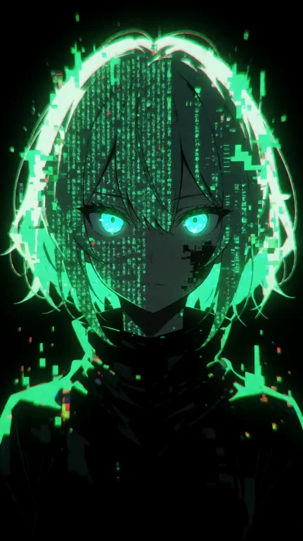 A Person With Glowing Green Digital Code Forming Their Face...