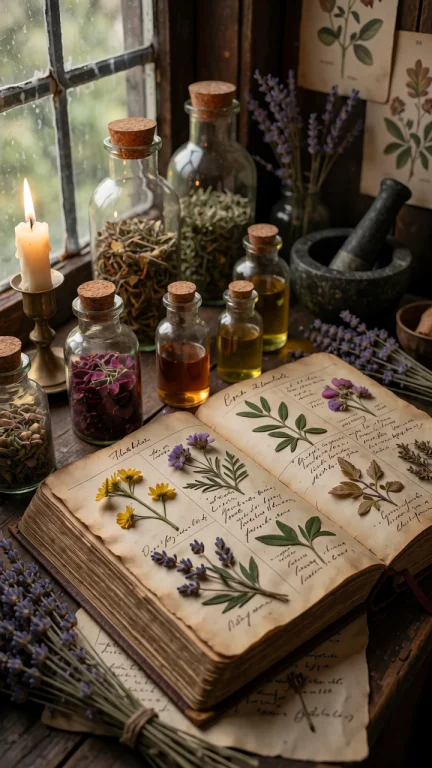 Subject  An Open, Ancient Herbalist Grimoire With Yellowed P...
