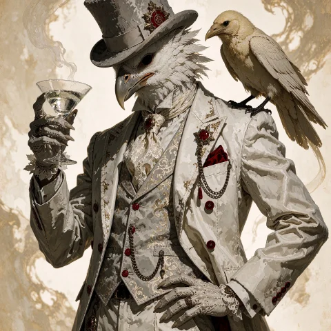 A Light, Gothic Fantasy Style. The Central Figure Is A Human... — Stable Diffusion AI Prompt: a light, gothic fantasy style. The central figure is a humanoid bird character w...