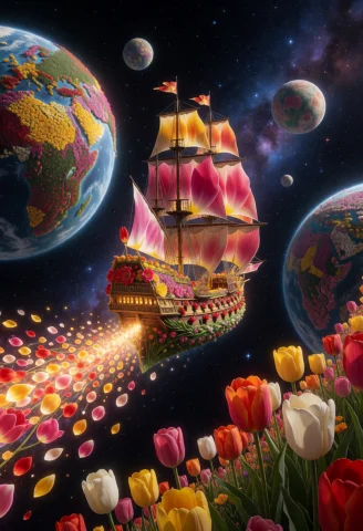 Jaynl-tm,made Of Tulips,tulipmania, A Majestic Ancient Galle... — Stable Diffusion AI Prompt: jaynl-tm,made of tulips,tulipmania, a majestic ancient galleon sailing through t...