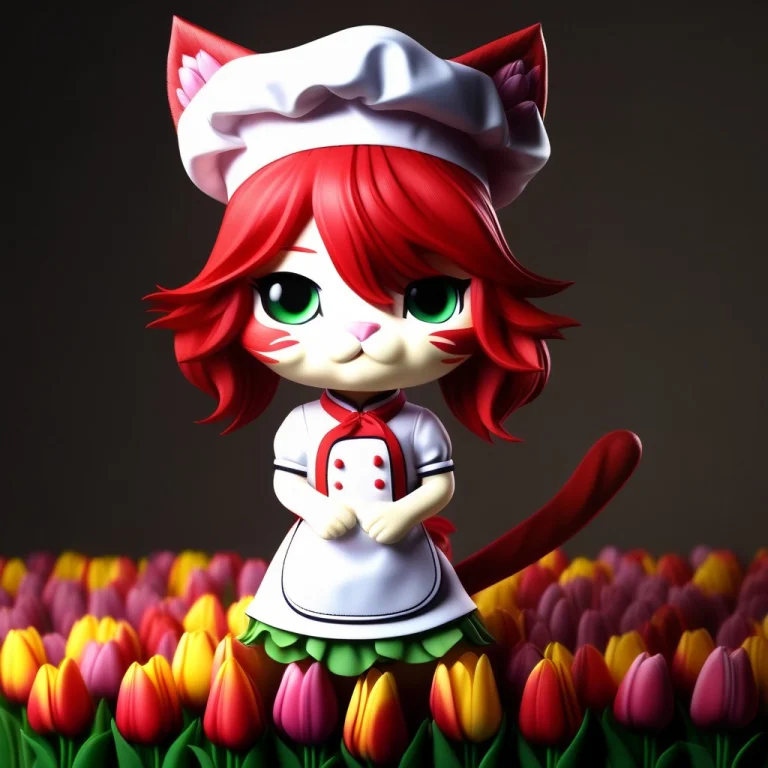 A 3d Chibi Anime Red Hair Cat Girl Wear Tulips Chef Dresses...