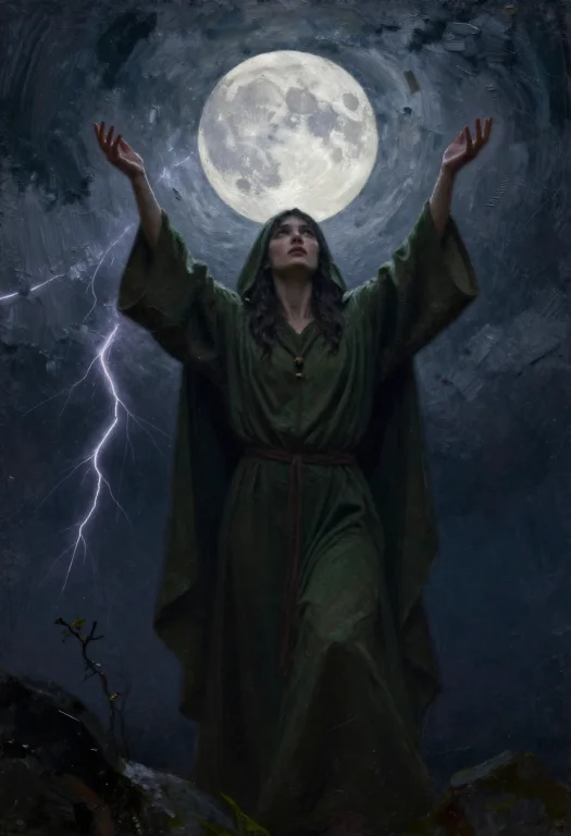 A Druid Raising Arms Beneath A Full Moon, Impasto Texture, D...