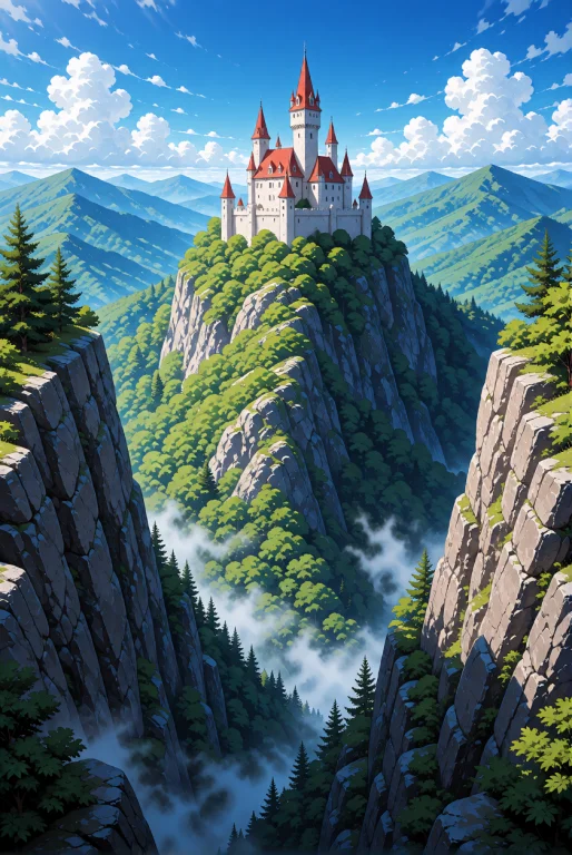 A Majestic White Stone Castle With Red Pointed Conical Roofs...