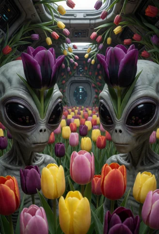 Jaynl-tm, Tulips, Inside An Alien Spaceship, Two Gray Aliens... — Stable Diffusion AI Prompt: jaynl-tm, tulips, inside an alien spaceship, two gray aliens examining colorful...