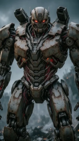 A Colossal Combat Robot Towers Over The City Ruins Its Hull,... — Stable Diffusion AI Prompt: A colossal combat robot towers over the city ruins; its hull, coated in rust and...