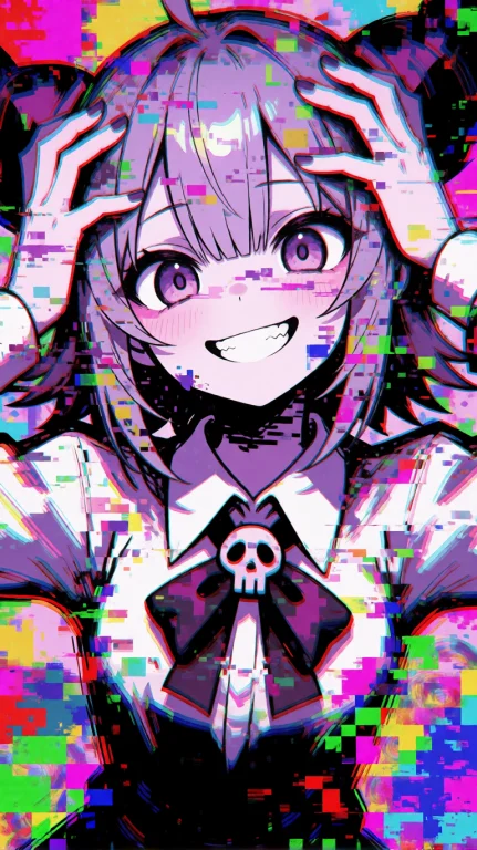 A Glitched Anime-style Girl With Short, Spiky Hair, Wide Eye...