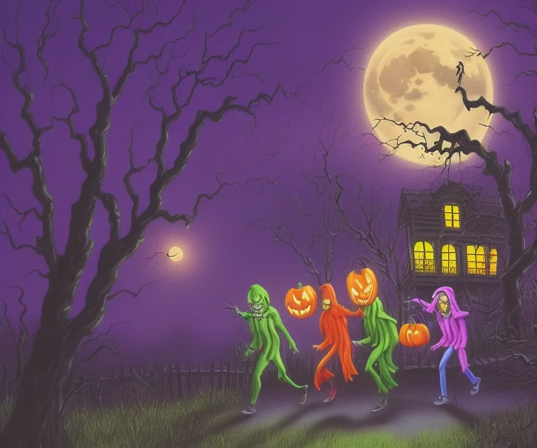 Trick Or Treaters Walking Down The Street On Halloween, Full...