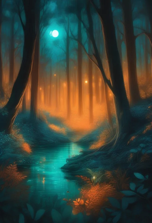 A Bioluminescent Forest Glowing Softly At Night, Storybook I...