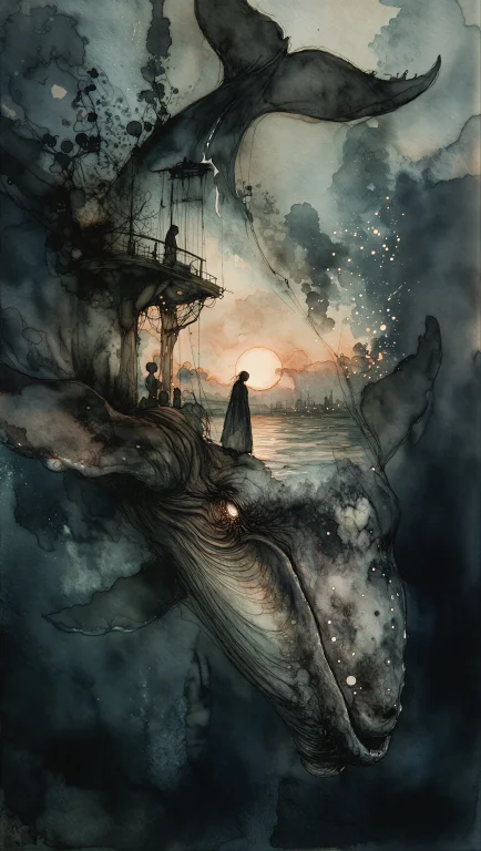 A Poignant Dark-fantasy Watercolor Illustration Of A Colossa...