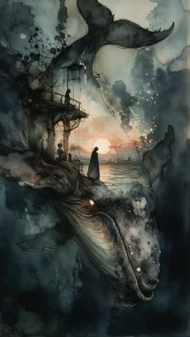 A Poignant Dark-fantasy Watercolor Illustration Of A Colossa... — Stable Diffusion AI Prompt: A poignant dark-fantasy watercolor illustration of a colossal whale depicted as...