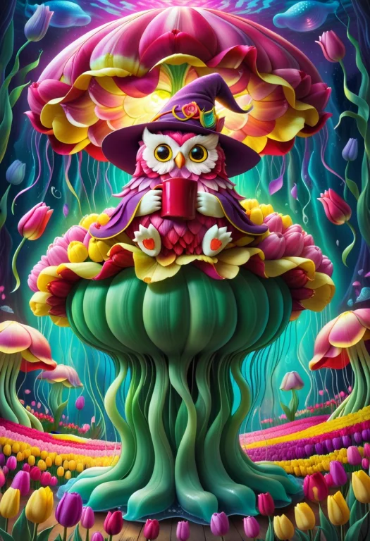 Jaynl-tm, Cute Owl Made Of Tulips, Whimsical, Cartoon, Vibra...