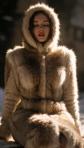 A Woman With A Slender Build, Wearing A Full-body, Light-bro... — Stable Diffusion AI Prompt: A woman with a slender build, wearing a full-body, light-brown faux fur costume...