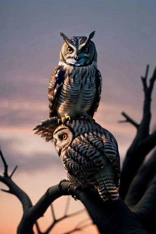 An Owl Perched On A Gnarled Branch At Dusk, Raw Photo, Warm...