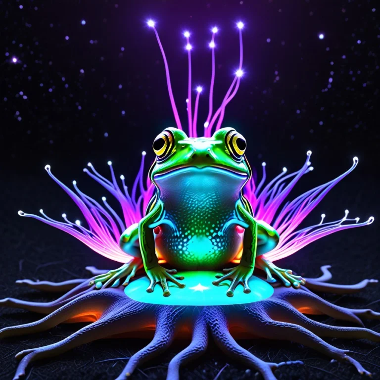 A Frog Meditating On A Glowing Mushroom, Soft Bioluminescent...
