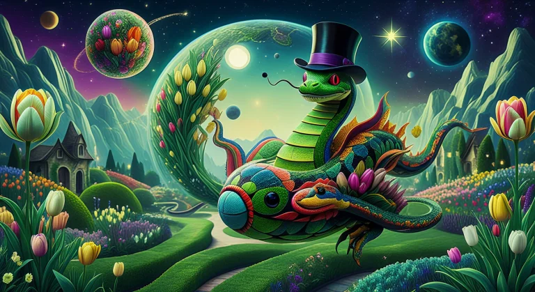 Snake With Tie And Top Hat Flying An Aircraft Over A Garden-...