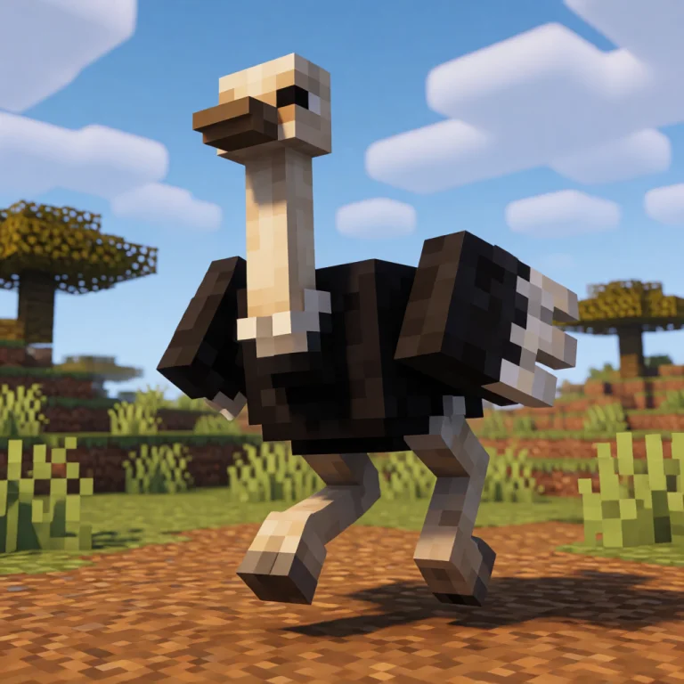 A Blocky Ostrich Running On Dirt Ground In A Minecraft Savan...