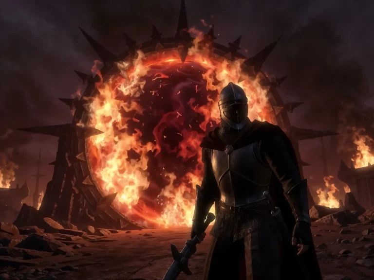 Knight In Armor Standing Before Flaming Portal Dark Landscap...