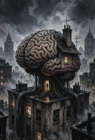 Surreal Hyperreal Digital Artwork, The Brain-house Sits On T... — Stable Diffusion AI Prompt: Surreal hyperreal digital artwork, the brain-house sits on the roof of a dense r...