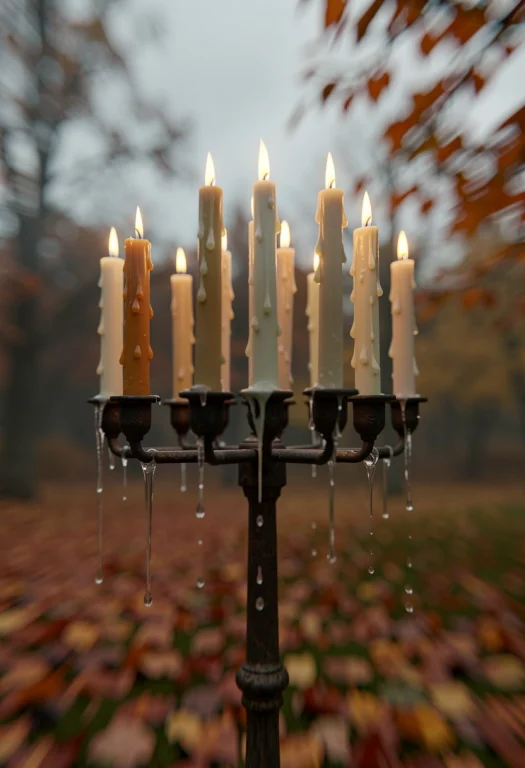 A Cluster Of Dripping Candles On An Iron Stand, Blender Rend...