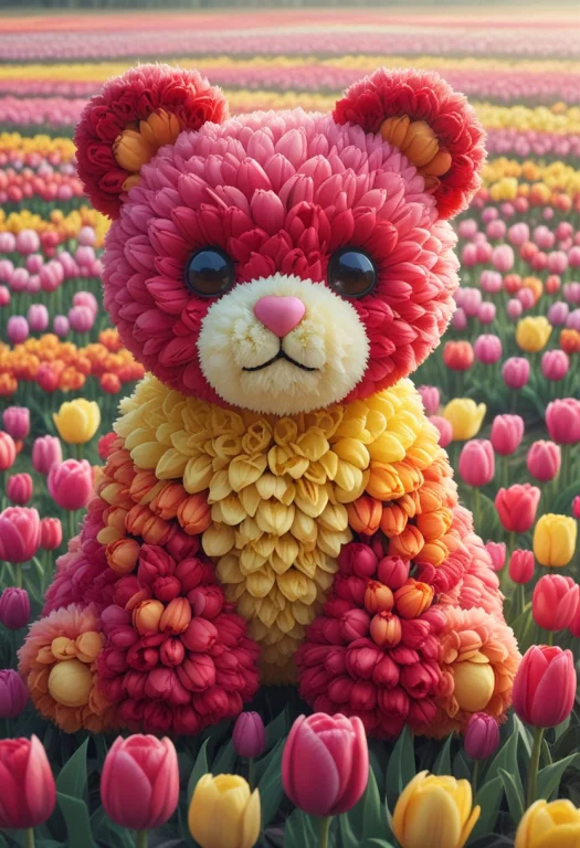 Jaynl-tm A Cute Teddy Bear Made Of Tulips, Field, Sunny,