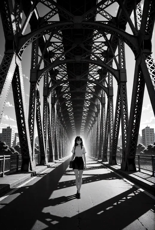 A Young Woman Walking Across A Massive Industrial Bridge, St...