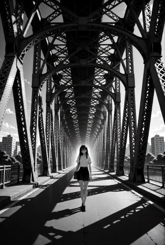 A Young Woman Walking Across A Massive Industrial Bridge, St... — Stable Diffusion AI Prompt: A young woman walking across a massive industrial bridge, standing and walking t...