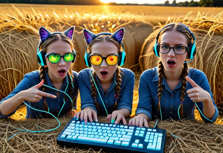Straw Thread Texture, Three Straw Gamers Hunched On Hay Bale...