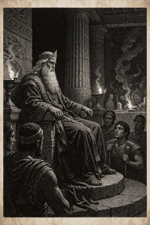 Dark Fantasy Etching Illustration Of The Wise King Nestor Of...