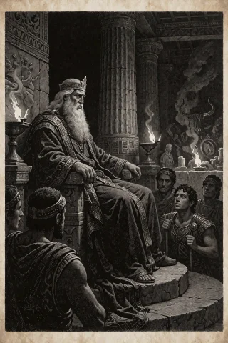 Dark Fantasy Etching Illustration Of The Wise King Nestor Of... — Stable Diffusion AI Prompt: Dark fantasy etching illustration of the wise King Nestor of Pylos, from Homer's...