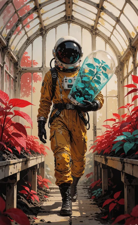 A Dark-skinned Astronaut Walks Through An Ivory Greenhouse I...