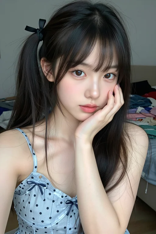 手机自拍，近景人像，一位非常美丽年轻的东亚女孩，高马尾搭配黑...