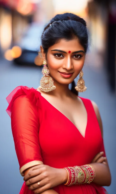 Close Up Of Indian Woman, Wearing A Red Dress, Centered, Lon...
