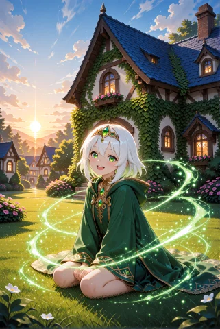 A Fantasy Girl With Short White Hair And Green Eyes, Wearing... — Stable Diffusion AI Prompt: A fantasy girl with short white hair and green eyes, wearing a gold tiara with g...
