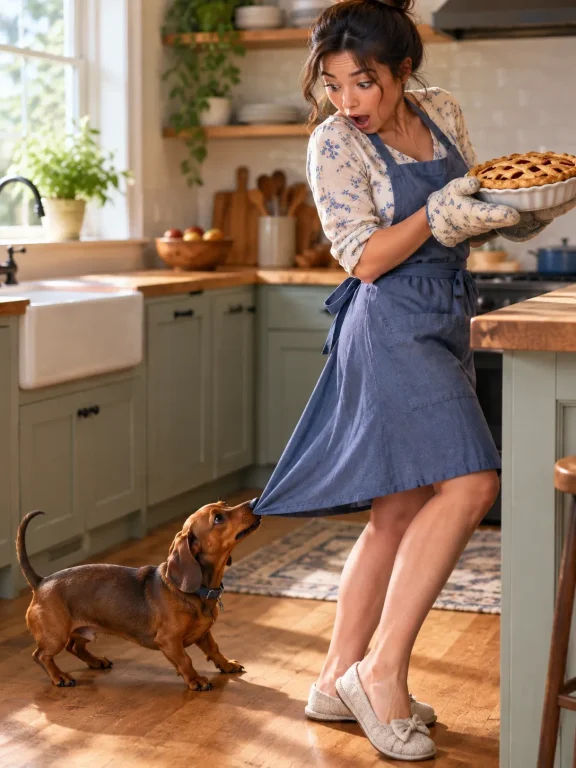A Mischievous Dachshund Tugs At Her Skirt Hem Mid-kitchen, C...