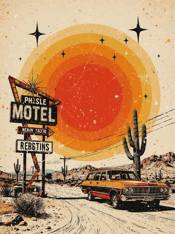 1970s Retro Boho Illustration, Mid-century Modern Compositio...