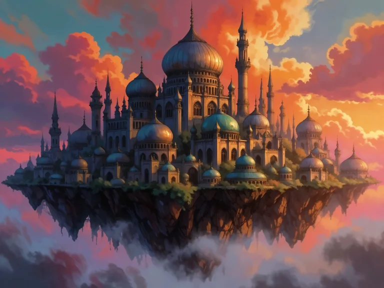 Floating City With Domes And Minarets In Clouds Sunset Sky F...